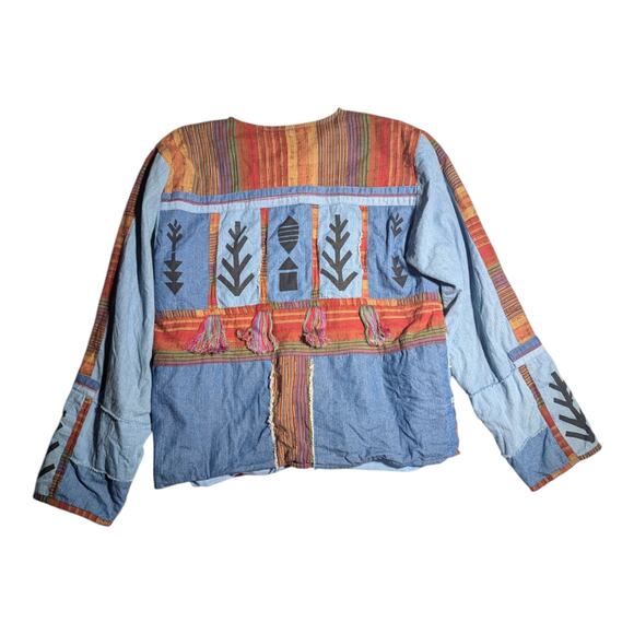 Vtg Y2K Parsley & Sage Boho Denim Rust Orange Patchwork Collarless Jacket Sz M - Picture 2 of 5